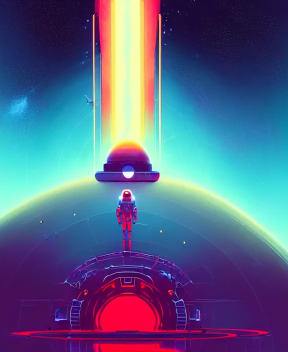 Image similar to robotic expedition to new star by christopher balaskas and beeple and norman rockwell and anton fadeev, asymmetrical!, asymmetry!, hyperrealism, energy mote, solarpunk, 1 9 6 0 propaganda, high contrast, high saturation, intricate details, ultra detail, space, nebula, sharp focus, astronomy, atmospheric, crisp edge, reflection