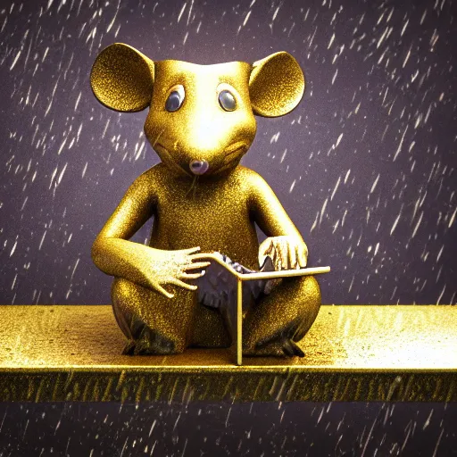 Prompt: a sad anthropomorphic rat, octane render, 3 d, sad, lonely, moody lighting, wearing gold jewellery, wearing a fur coat, in the rain, at night, sitting on a park bench