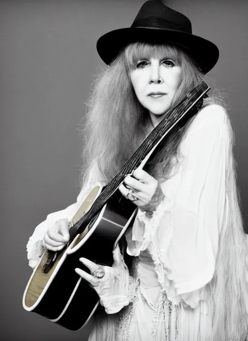 Image similar to dslr portrait photo still of stevie nicks with red hair playing a guitar, 8 5 mm, f 1. 8