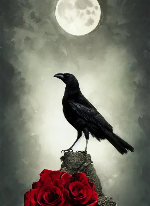 Image similar to portrait, A crow with red eyes in front of the full big moon, book cover, red roses, red white black colors, establishing shot, extremly high detail, photo-realistic, cinematic lighting, by Yoshitaka Amano, Ruan Jia, Kentaro Miura, Artgerm, post processed, concept art, artstation, raphael lacoste, alex ross, portrait, A crow with red eyes in front of the full big moon, book cover, red roses, red white black colors, establishing shot, extremly high detail, foto realistic, cinematic lighting, by Yoshitaka Amano, Ruan Jia, Kentaro Miura, Artgerm, post processed, concept art, artstation, raphael lacoste, alex ross
