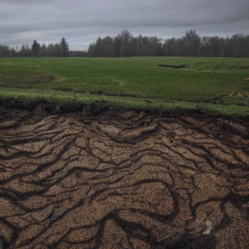 Prompt: a beautiful landscape photo of a mycelium under plowed land