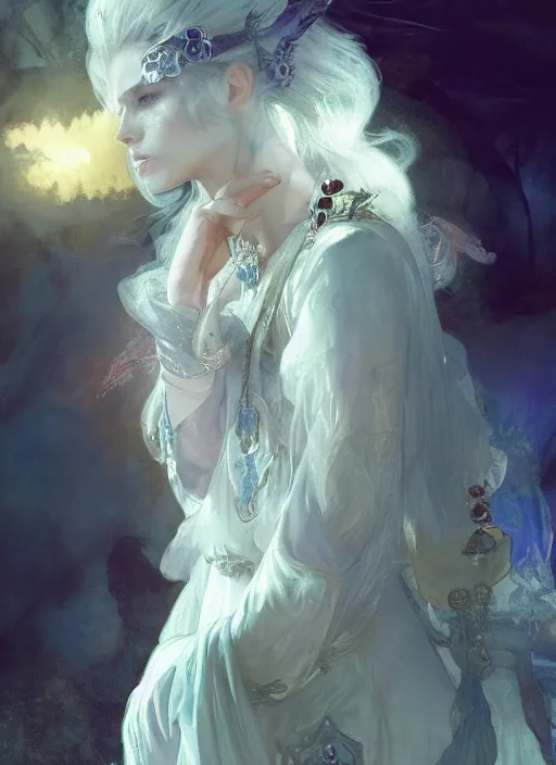 Image similar to a beatiful white haired princess, adorned with precious stone jewelry, intricate concept art, ethereal, ominous, dramatic lighting, Ruan Jia and Jeremy Mann and Alphonse Mucha