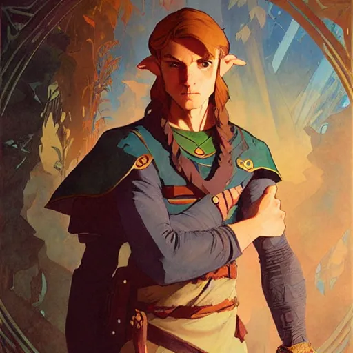 Image similar to Stunning portrait of a young Link from the Legend of the Zelda. Art by Greg Rutkowski and Alphonse Mucha