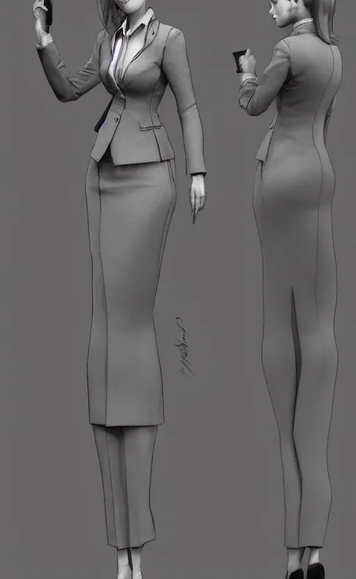 Prompt: Female in office dress. By Rembrandt and artstation trending