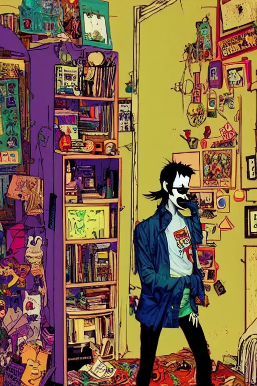 Image similar to a skinny goth guy standing in a cluttered 9 0 s bedroom by jamie hewlett, jamie hewlett art, full body character concept art, vaporwave colors, digital painting, hd, ultra hd, detailed, award winning,