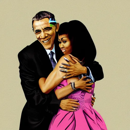 Image similar to barack obama hugging nicki minaj from behind, highly detailed illustration