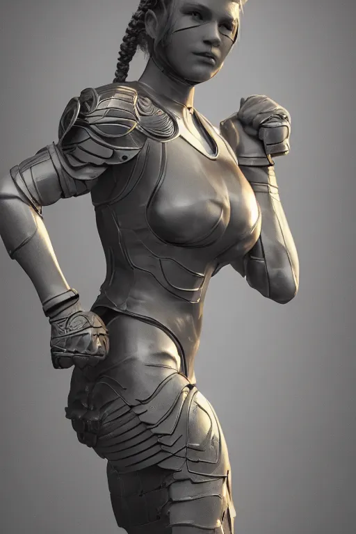 Image similar to a highly detailed sculpt of athletic girl in armor, cinematic light, featured on artstation, octane render, path tracing, sharp focus, 4 k