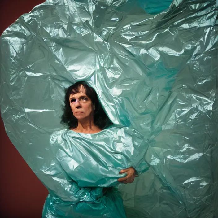 Prompt: closeup portrait of a woman wrapped in teal cellophane, standing in a derelict planetarium, color photograph, by paula rego, canon eos c 3 0 0, ƒ 1. 8, 3 5 mm, 8 k, medium - format print