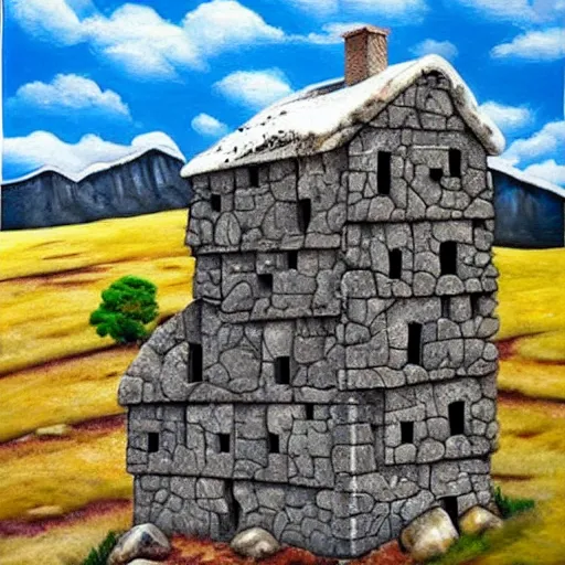 Prompt: a hyper realistic painting of a stone house made of melting ice cubes made of stone on a hill in the mountains and forest on a scorching hot day