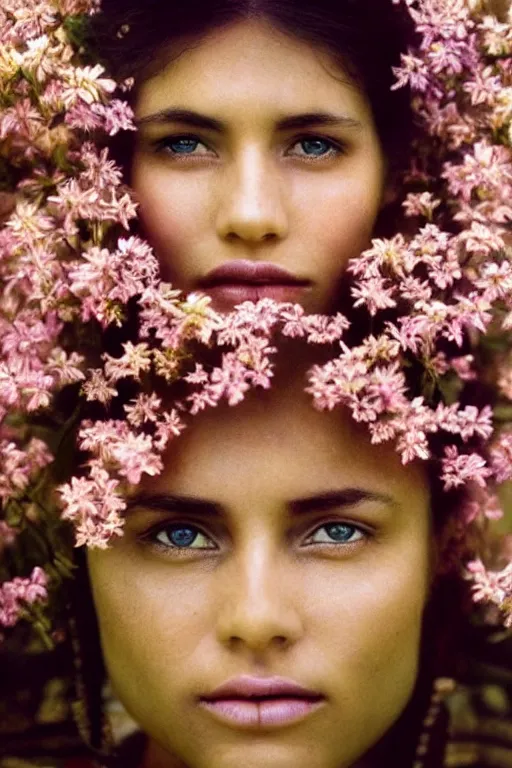 Prompt: very beautiful woman, beautiful face, ultradetailed, ethereal, flowers, gorgeous, volumetric lighting, art by steve mccurry