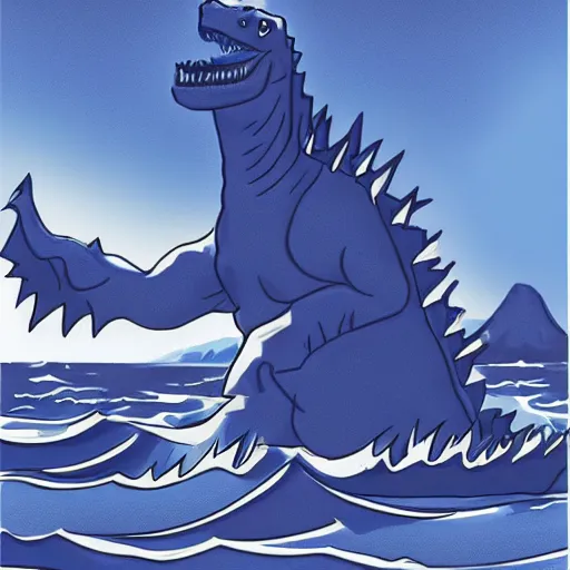 Image similar to a blue water wave in the silhouette shape of Godzilla, cartoon drawing