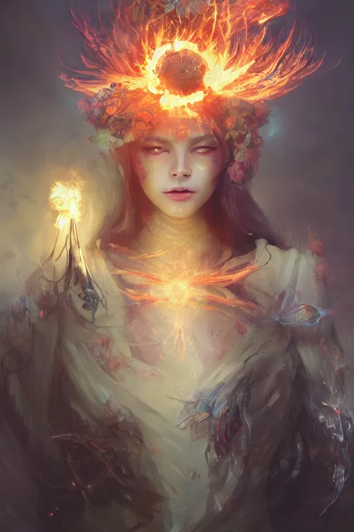 Image similar to face closeup of beautiful girl necromancer, witch - doctor exploding into flowers, angels, 3 d render, hyper - realistic detailed portrait, holding fire and electricity, leaves and magic, ruan jia, wlop. scifi, fantasy, magic the gathering, hyper detailed, octane render, concept art, peter mohrbacher