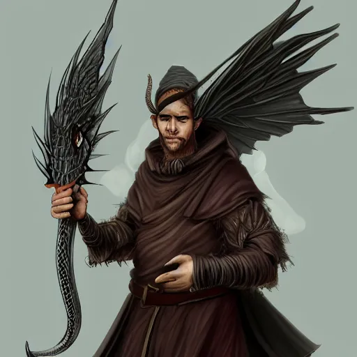 Prompt: a wizard with his winged Serpent familiar, dungeons and dragons style, trending on artstation, character concept, portrait