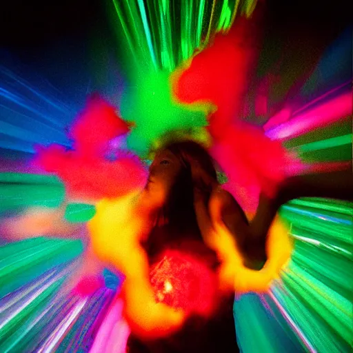 Image similar to a human exploding with color light, studio medium format photograph