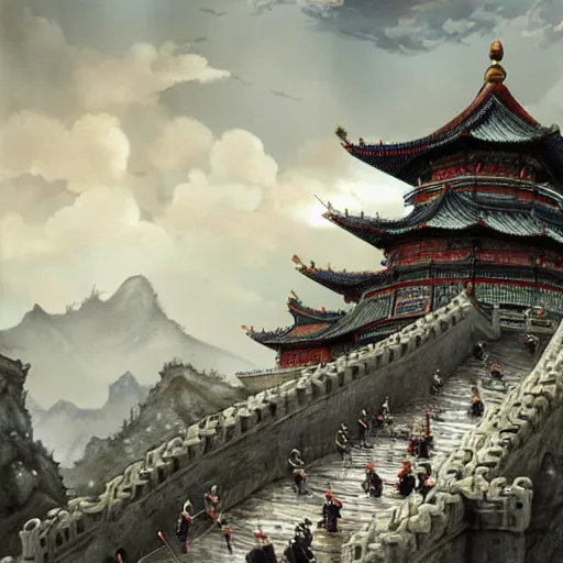 Image similar to dynamic composition, motion, ultra-detailed, incredibly detailed, a lot of details, amazing fine details and brush strokes, colorful and grayish palette, smooth, HD semirealistic anime CG concept art digital painting, watercolor oil painting of epic castle gate, from Three Kingdoms, by a Chinese artist at ArtStation, by Huang Guangjian, Fenghua Zhong, Ruan Jia, Xin Jin and Wei Chang. Realistic artwork of a Chinese videogame, gradients, gentle an harmonic grayish colors.