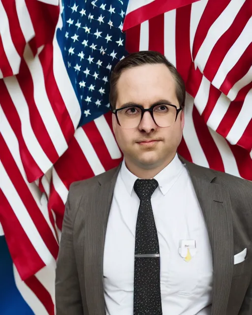 Image similar to a man in a suit and tie standing in front of flags, a character portrait by arlington nelson lindenmuth, reddit contest winner, private press, character, contest winner, adafruit - c 9. 0