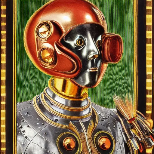 Prompt: a portrait of a shiny metallic renaissance steampunk robot, in the style of Jan van Eyck,