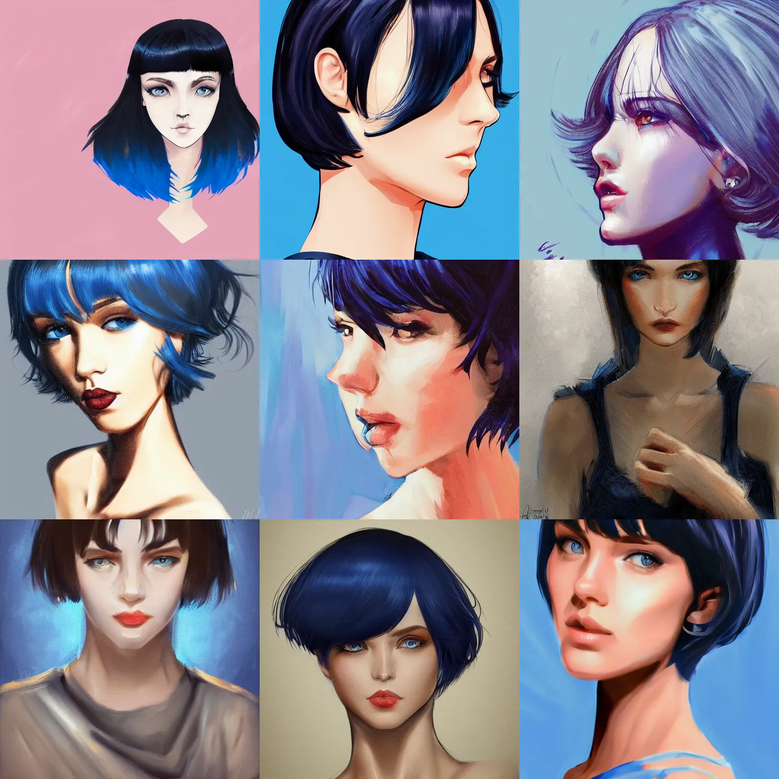 Prompt: girl with striking blue eyes and curly black hair in a bob haircut, concept art, illustration, sharp focus, artstation