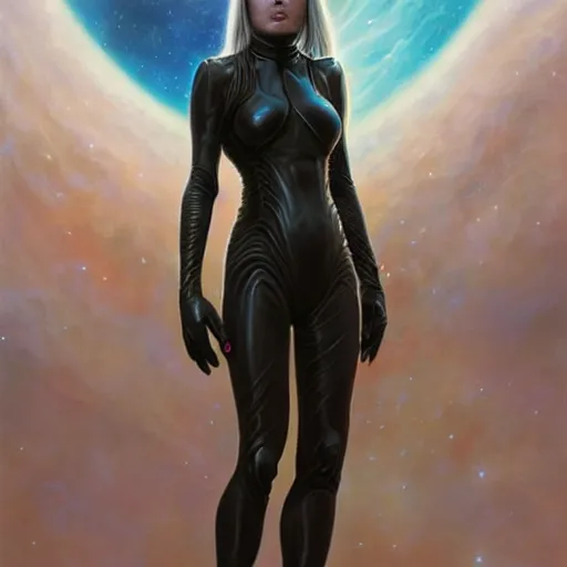 Image similar to pleiadian woman with big eyes and long silver hair wearing a dark body suit and holding a plasma gun as a realistic sci fi character, portrait art by donato giancola and greg rutkowski, digital art, trending on artstation, standing in a barren field