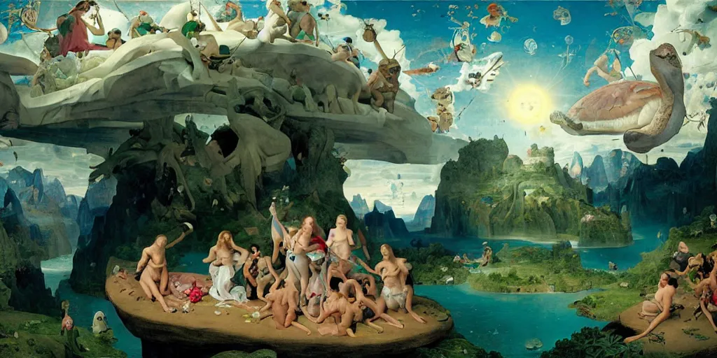 Image similar to The Great Turtle Island at the center of the Universe holding up the sky, Encircled by Mystical Interstellar Nether Worlds, Magic Fairyland, Going to the Sun Highway Glacier Park, Michael Cheval, Hieronymus Bosch, François Boucher, William-Adolphe Bouguereau, Oil Painting, unreal 5, DAZ, hyperrealistic, octane render, Regal, Refined, Detailed Digital Art, RPG portrait, Anton Fadeev, Walt Disney (1937), Steampunk, Volumetric Golden dappled dynamic lighting, Highly Detailed, Cinematic Lighting, Unreal Engine, 8k, HD