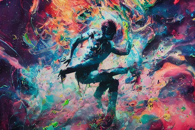 Prompt: a splattered action painting showing david bowie, ultradetailed, fine art painting, peter mohrbacher, moebius, david bowie, frottage, watercolor, acrylic, multilayered paint, spectacular splatter explosion, psychedelic art