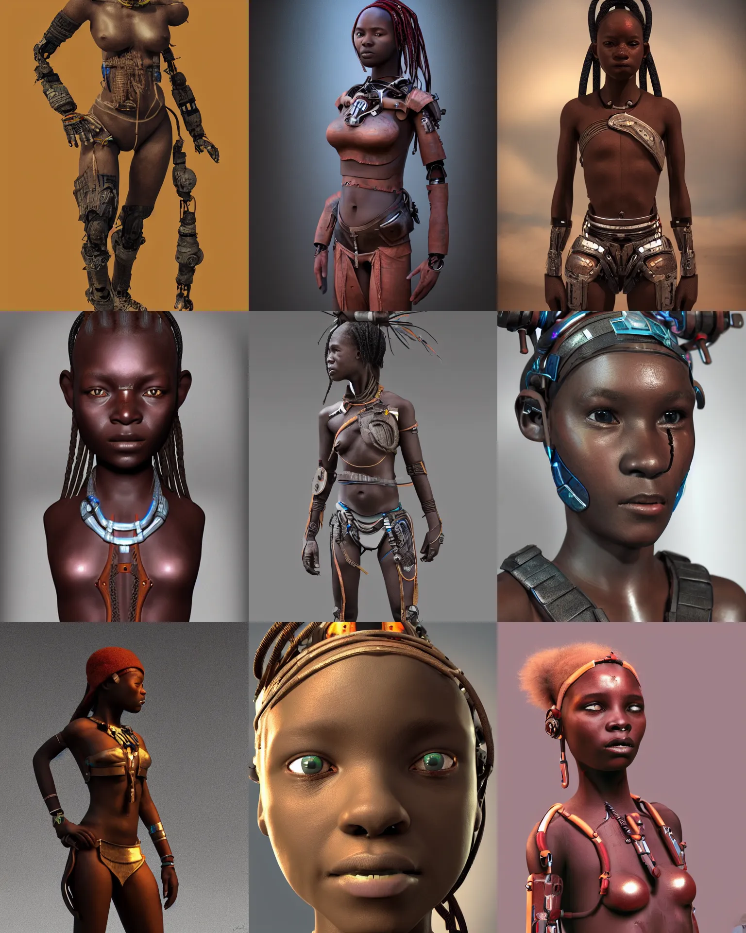 Prompt: futuristic himba teenage cyborg girl, 3 d render, concept art, dramatic lighting, intricate