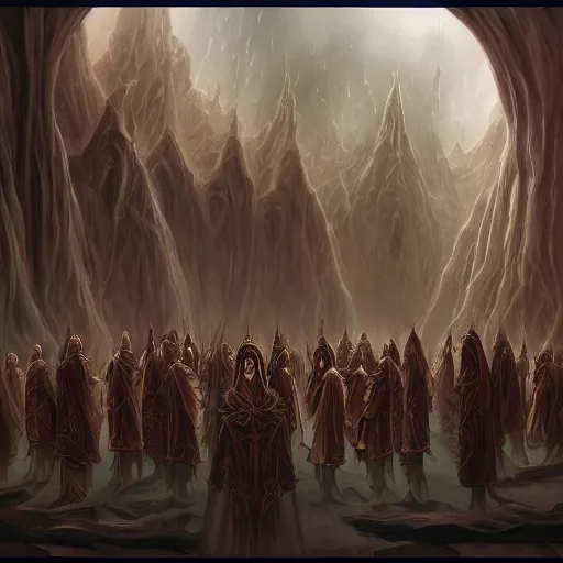 Image similar to a dark cabal of multiple hooded elven mystics in long dark robes gathered in a circular formation around a quantum computer, dan seagrave art, michael whelan, artstation, cgsociety