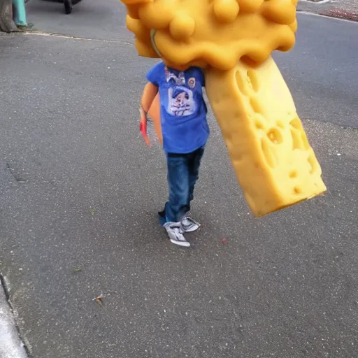 Image similar to boy made of cheese walks a dog made of cheese on a street made of cheese