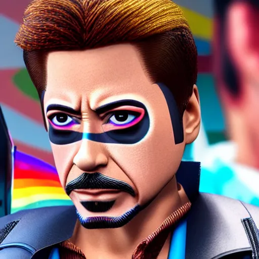 Image similar to tony stark wearking makup in the gay parade, 8k resolution, close-up shot, hyper-detailed