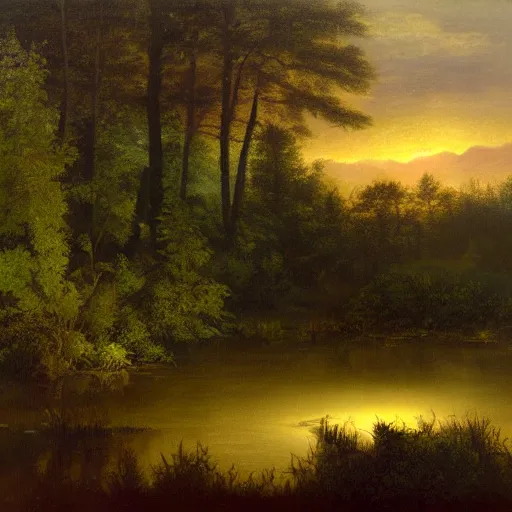 Image similar to will o'the wisp at twilight floating over a clearing in the forest next to a pond, highly detailed, oil painting