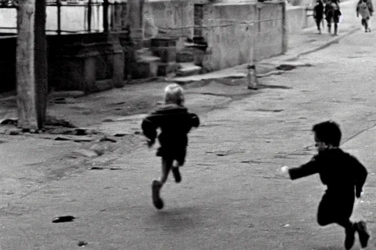 Image similar to A dirty child running down the street, decisive moment, anri cartier bresson