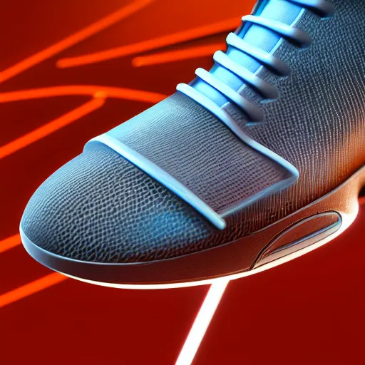 Image similar to product photography extremely detailed futuristic sports sneakers with a detailed foam sole, with holographic elements, 3 d model, hyperrealism, balenciaga style ultra rendered extreme realism and detail, 8 k, f / 2. 2, canon 8 5 mm, photorealistic, sharp focus,