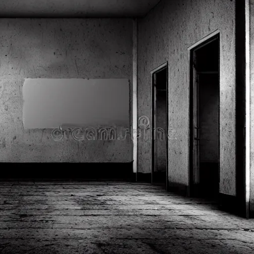 Image similar to an empty backroom at night, dark and scary atmosphere, white hue, photorealistic