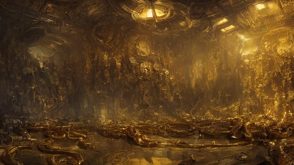 Image similar to halls of Valhalla covered in gold and skulls, decorated with snakes and runes, digital art by Ruan Jia, Rudolf Béres, James Zapata, Jamey Jones