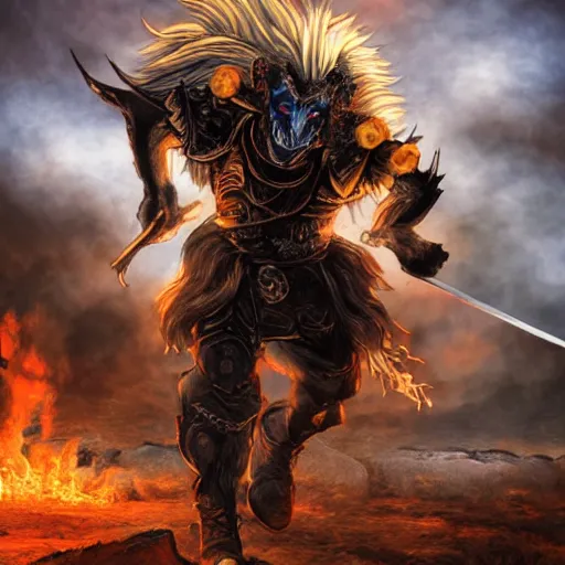 Image similar to Lionman with white hair and glowing yellow eyes wearing leather armor, walking towards the camera, burning city in background, charred landscape, full body art, wielding a longsword, fantasy art, Dim Lighting