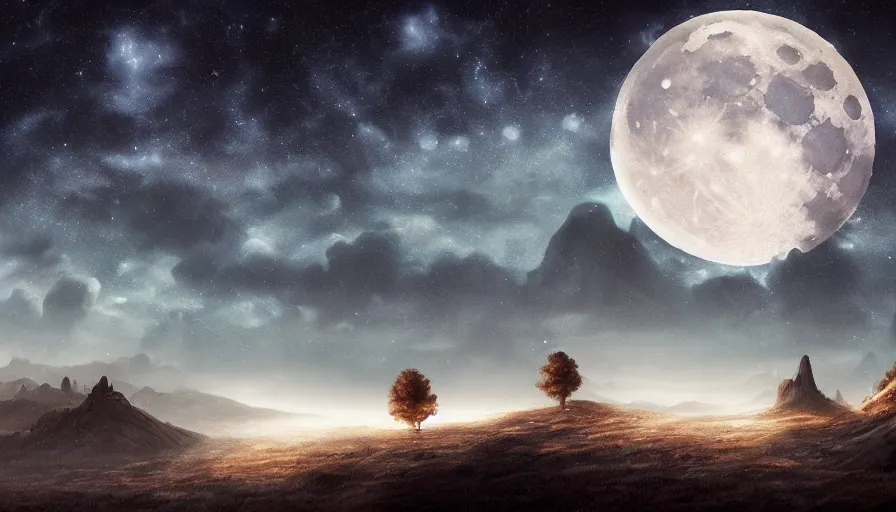 Image similar to a beautiful landscape at night, big moon on the right, stars in the sky, matte painting, dark blue tones, high contrast, intricate details, concept art, 4 k