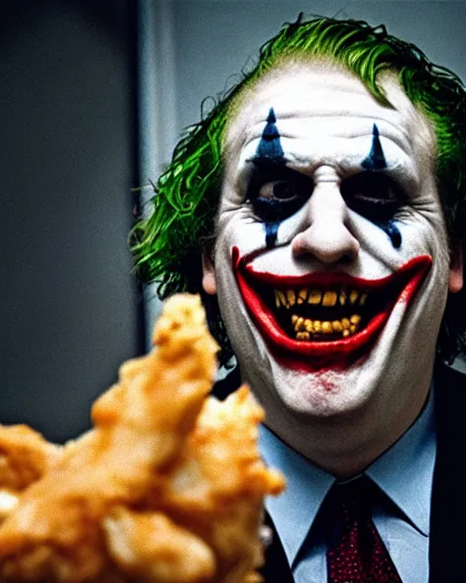 Image similar to film still close - up shot of boris johnson as the joker eating fried chicken from the movie the dark knight. photographic, photography