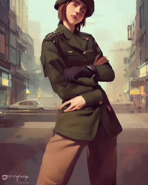 Image similar to young woman with shoulder length light brown hair and hazel eyes dressed in a sharp dark teal military uniform and beret, smiling, blurred city background in twilight lighting, ilya kuvshinov, greg rutkowski, guweiz, ross tran, loish, svetlana tigai, artgerm, artstation trending, concept art, digital painting