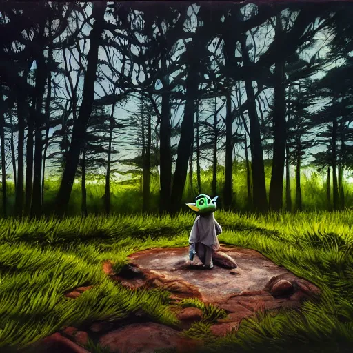 Prompt: high - angle view, shot from 5 0 feet distance, baby yoda on a well lit path in a dimly lit forest. dramatic clouds, setting sun, oil on canvas. light, shadow, depth, volume, chiaroscuro, drama, quiet intensity, realism, oil