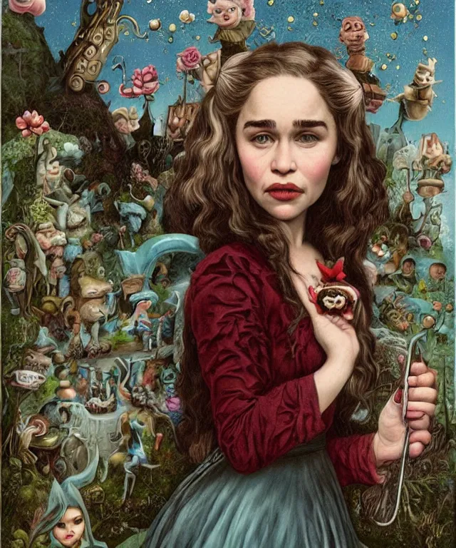 Image similar to portrait of Emilia Clarke in wonderland, lowbrow painting by Mark Ryden