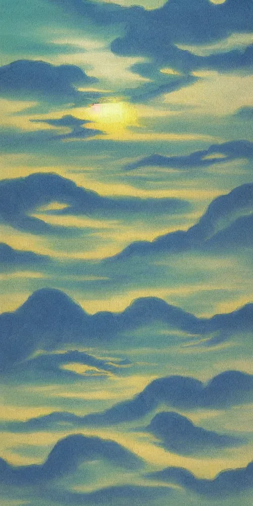 Image similar to chinese shanshui paiting, flowing clouds to the west, brushing across a pool of fresh green, the setting sun is like wearing a brocade cage and white clothes