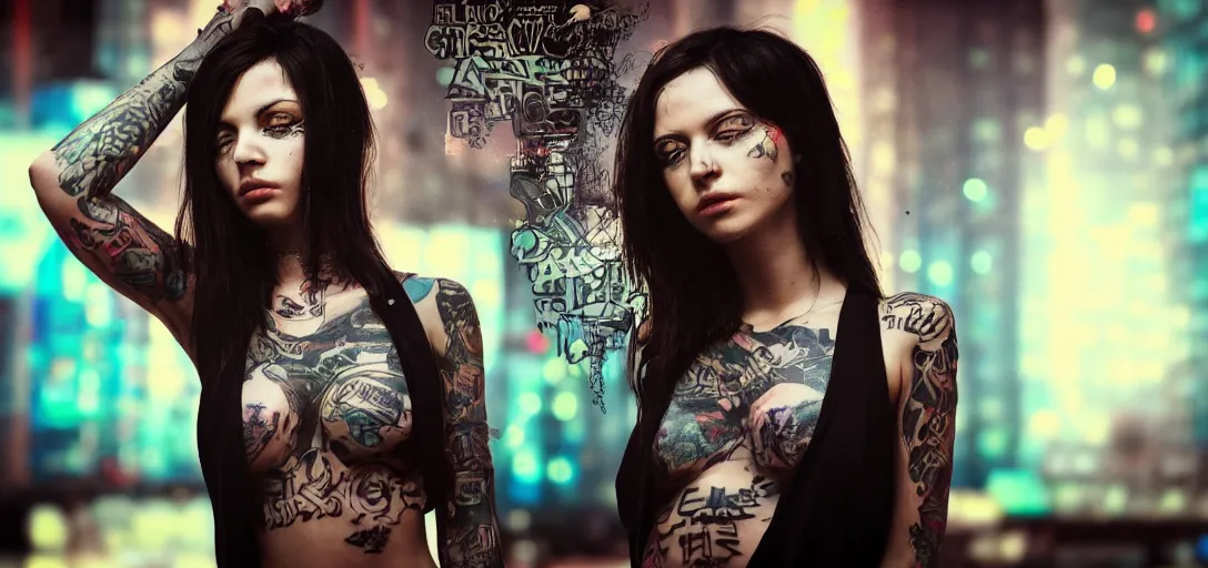 Image similar to a beautiful cyberpunk chick with tattoos photorealism bokeh