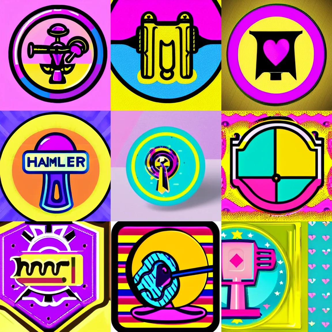 Prompt: 🔨 girly proletarian hammer icon designed by lisa frank, vector graphics forum badge, svg, symmetrical, transparent background, cute, metal, enamel, cloissonne, vintage, guilloche, gem stones, gilt, swarovski, circular