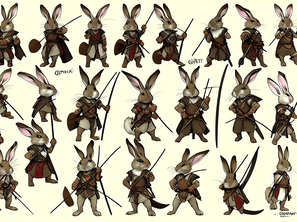 Image similar to character design sheet for a group of heroic rabbit archers on a parchment background, redwall, greg rutowski and jean baptiste monge, very very detailed, epic fantasy concept art