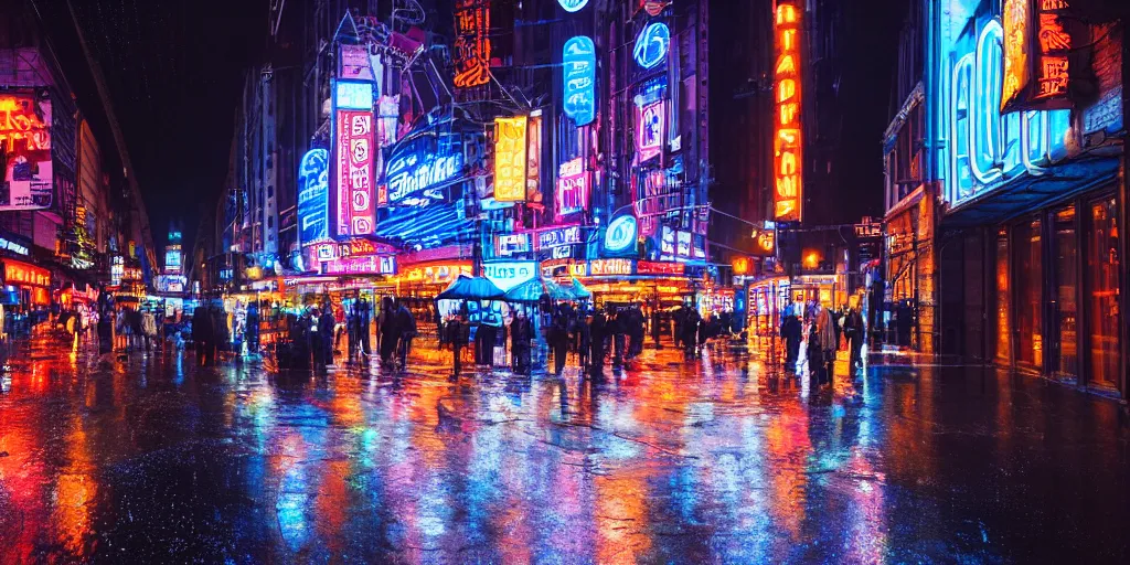 Image similar to A rainy street lit up by neon signs in the city