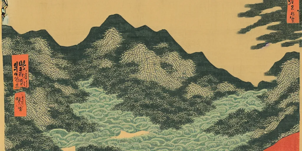 Prompt: A Korean woodblock print of mountains, two waterfalls and a roaring river