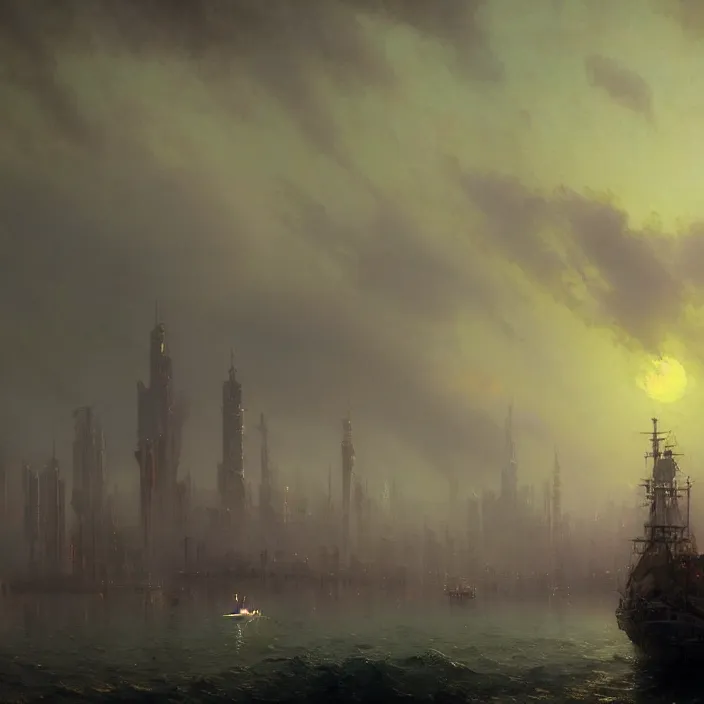 Image similar to a beautiful painting of a cyberpunk city on the sea by ivan aivazovsky and greg rutkowski and james gurney and frank lloyd and sung choi, in style of impressionnisme. hyper detailed, sharp focus, soft light. unreal engine 5 lumen. ray tracing. trending on artstation. oil on canvas