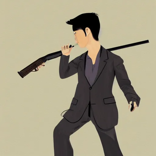 Image similar to A very arrogant Asian man let a man point a shotgun at himself.digital art.