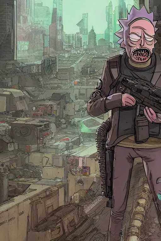 Image similar to Rick and morty. blackops mercenary in near future tactical gear, stealth suit, and cyberpunk headset. Blade Runner 2049. concept art by James Gurney and Mœbius.