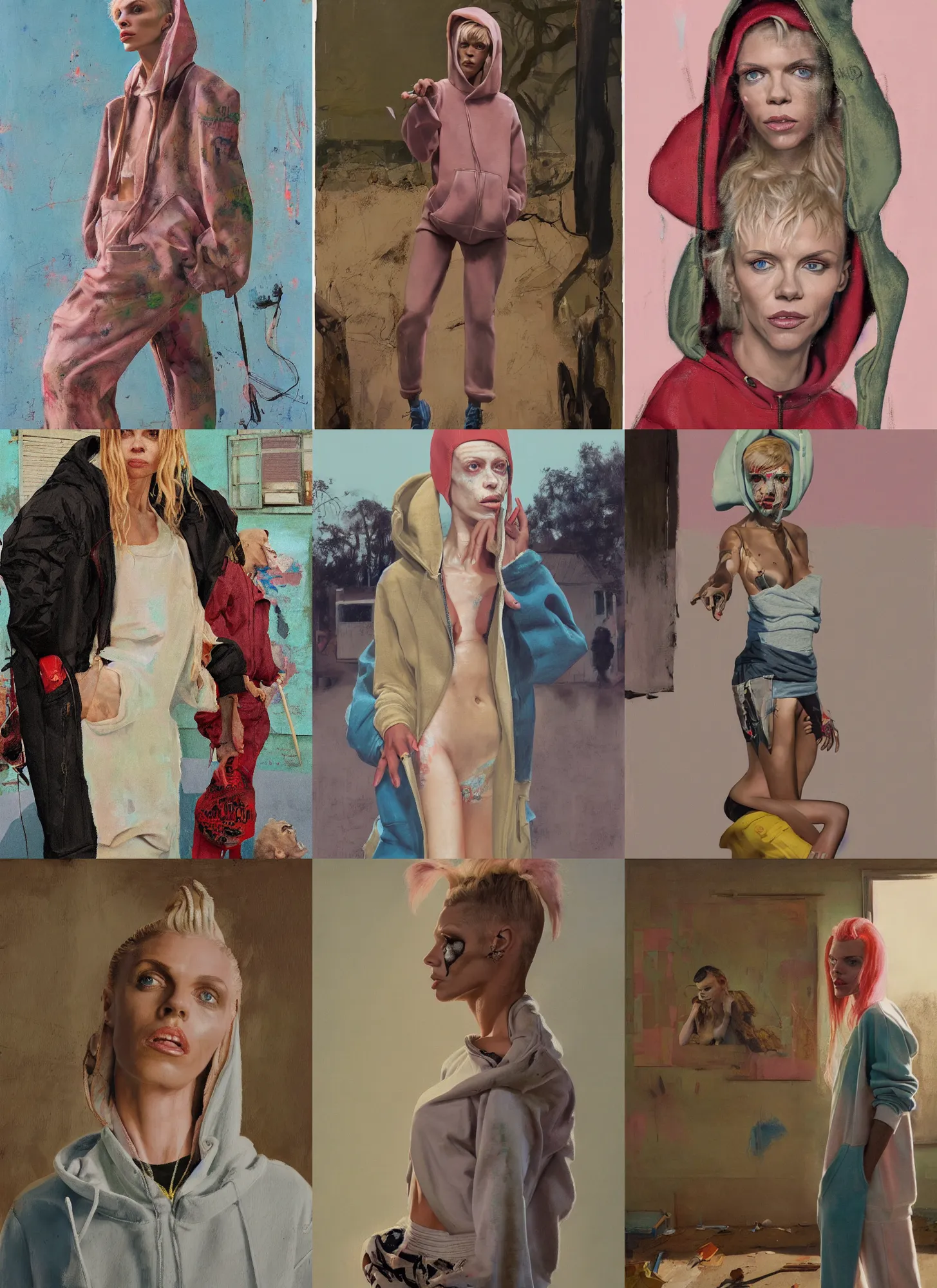 Prompt: still from music video of annalynne mccord from die antwoord standing in a township street, wearing a hoodie, street clothes, full figure portrait painting by njideka akunyili crosby and john currin, ismail inceoglu, pastel color palette, 3 5 mm lens
